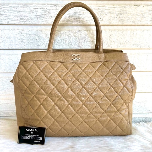 CHANEL Handbags - CHANEL Caviar XL Jumbo Laptop Work Executive Tan Quilted Tote Shoulder Bag Flap